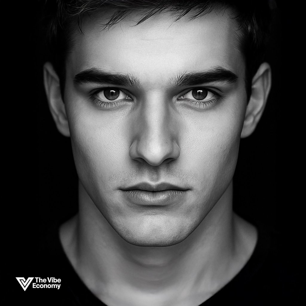 The Vibe Economy - black and white image, young man, intense eyes