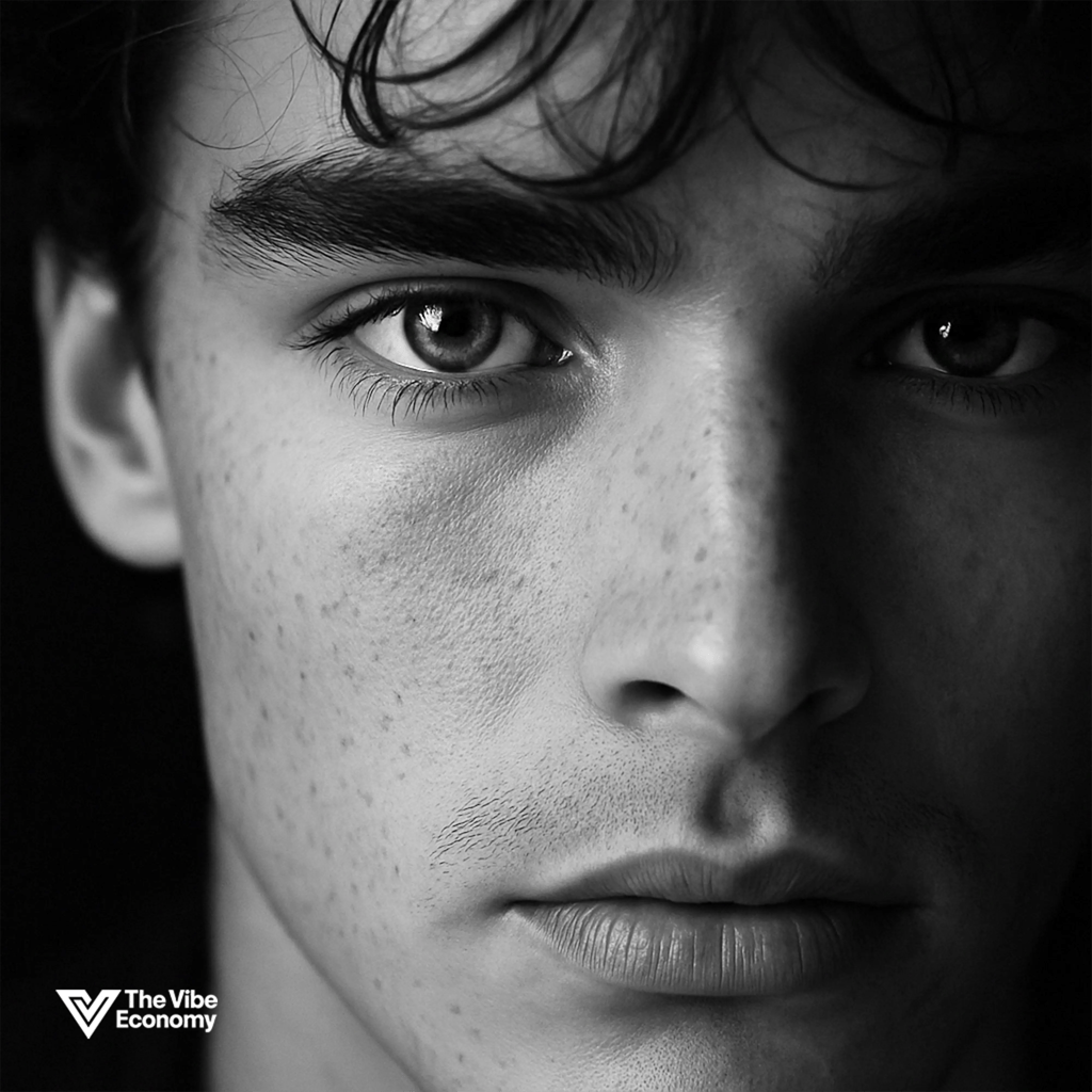 The Vibe Economy: Black and white headshot of a young man, gaze steady and internally focused The Vibe Economy: Black and white headshot of a young man, gaze steady and internally focused