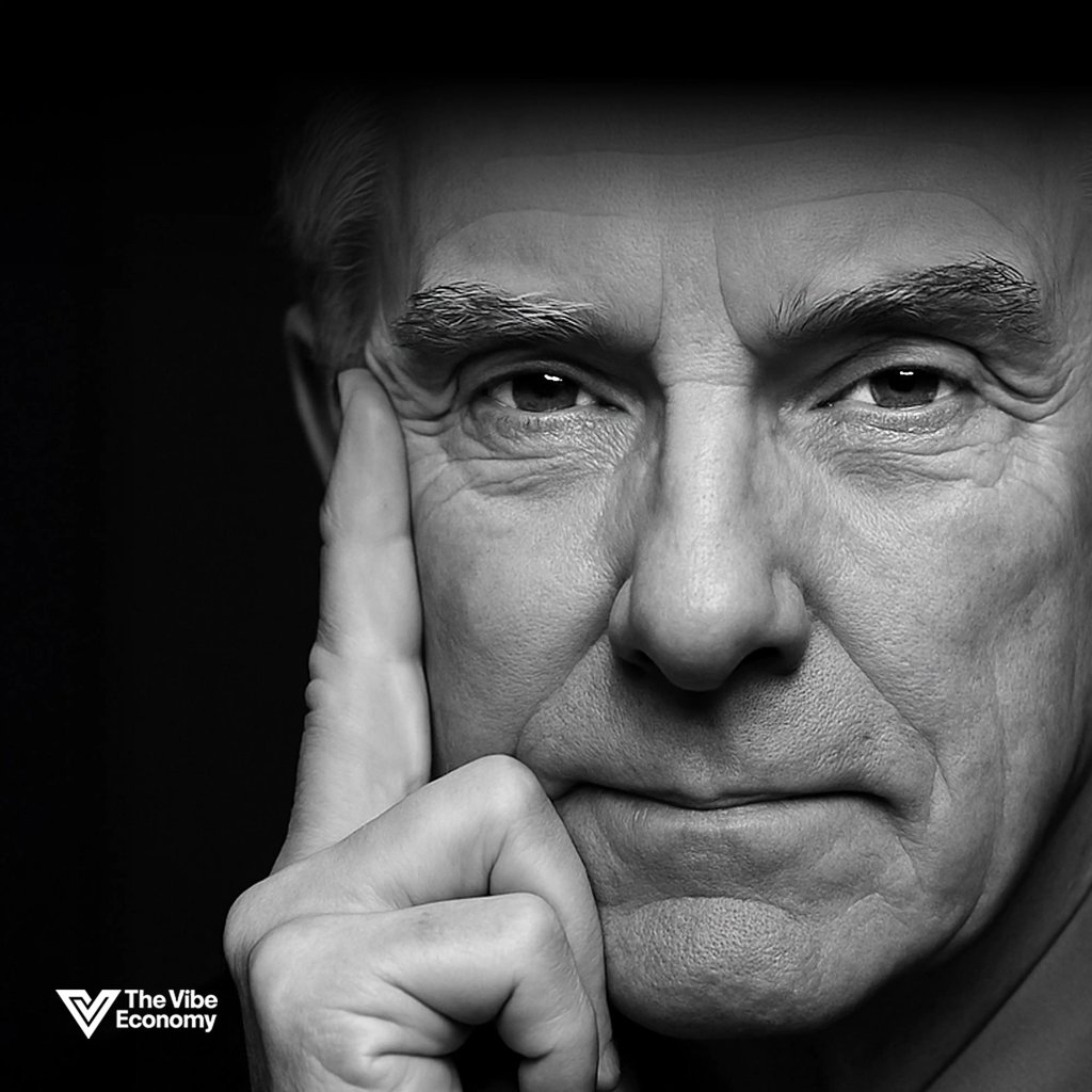 The Vibe Economy: Black and white portrait of a CEO, eyes reflecting contemplation and loss