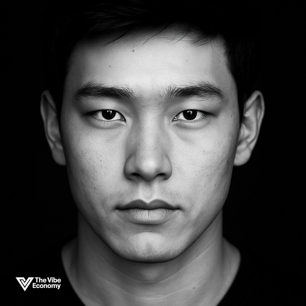 The Vibe Economy - black and white image, young Korean man, intense eyes The Vibe Economy - black and white image, young Korean man, intense eyes