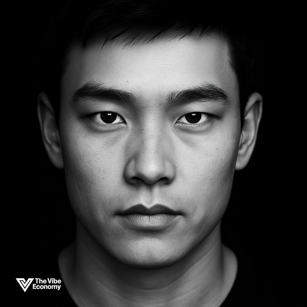 The Vibe Economy - black and white image, young Chinese man, intense eyes
