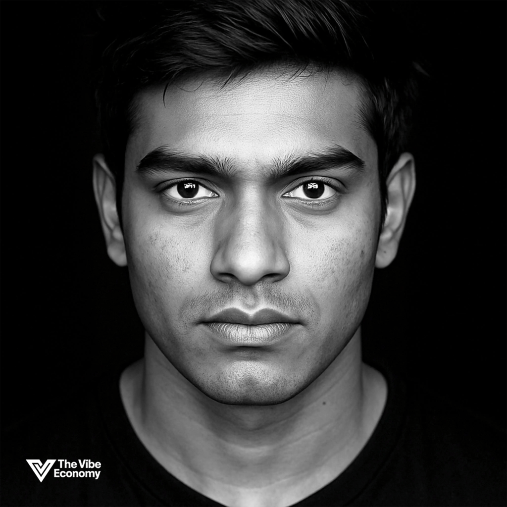 The Vibe Economy - black and white image of young Indian man with intense gaze The Vibe Economy - black and white image of young Indian man with intense gaze