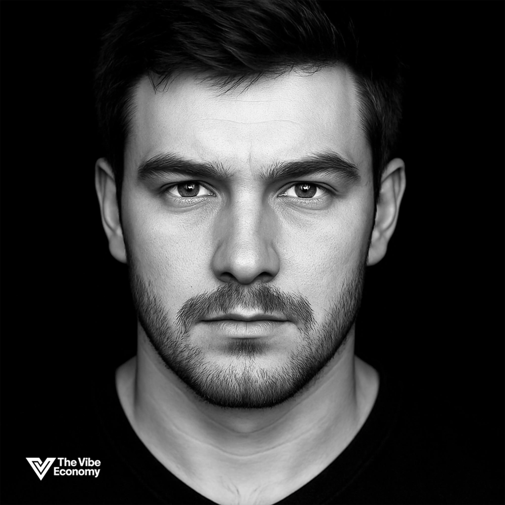 The Vibe Economy - black and white image, young Russian man, intense eyes The Vibe Economy - black and white image, young Russian man, intense eyes