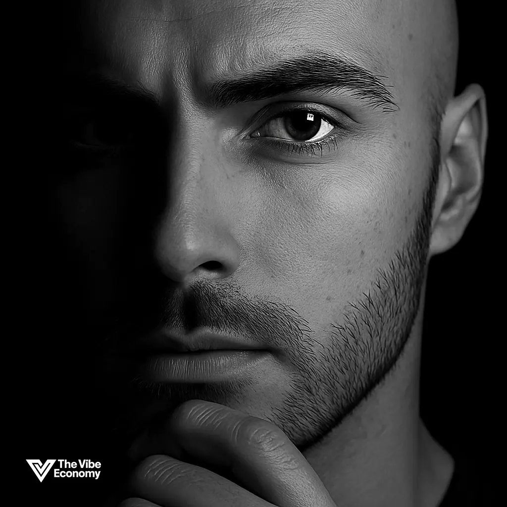 The Vibe Economy: Black and white ultra close-up of man with chiaroscuro lighting, half of his face in shadow The Vibe Economy: Black and white ultra close-up of man with chiaroscuro lighting, half of his face in shadow