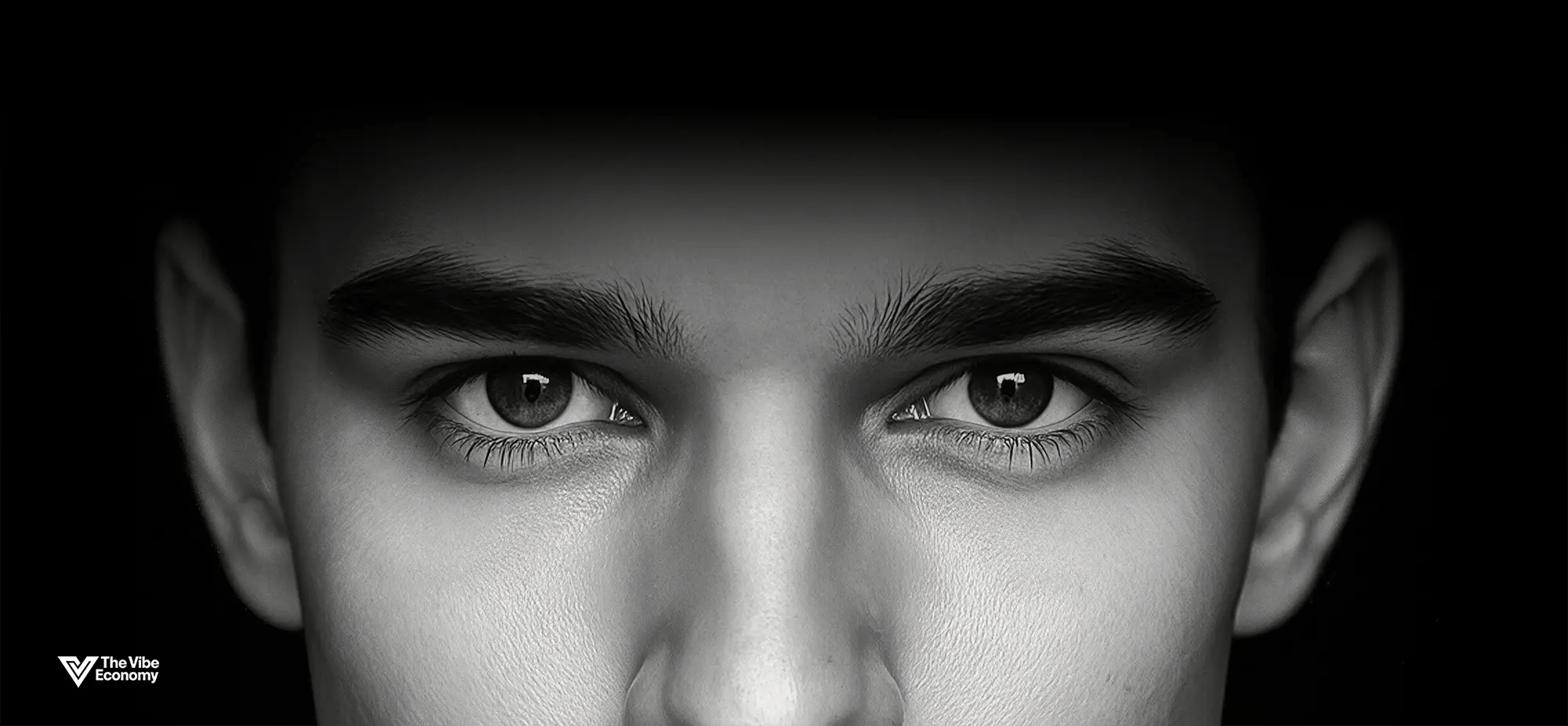 The Vibe Economy:  Ultrawide black and white image of a young man with intense focused eyes
