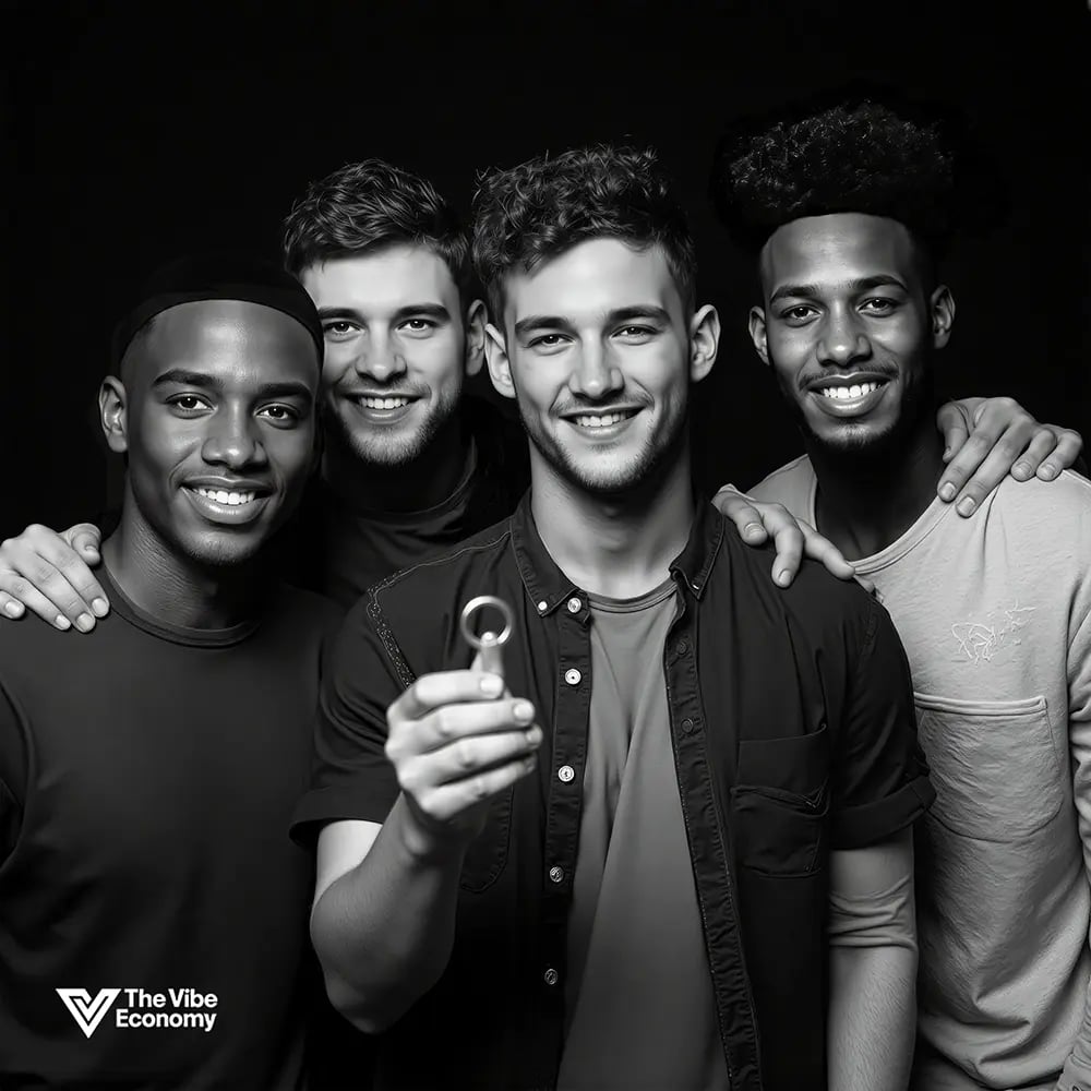 The Vibe Economy - Fortune 500 extinction from young vibe entrepreneurs, 4 young men, black and white image