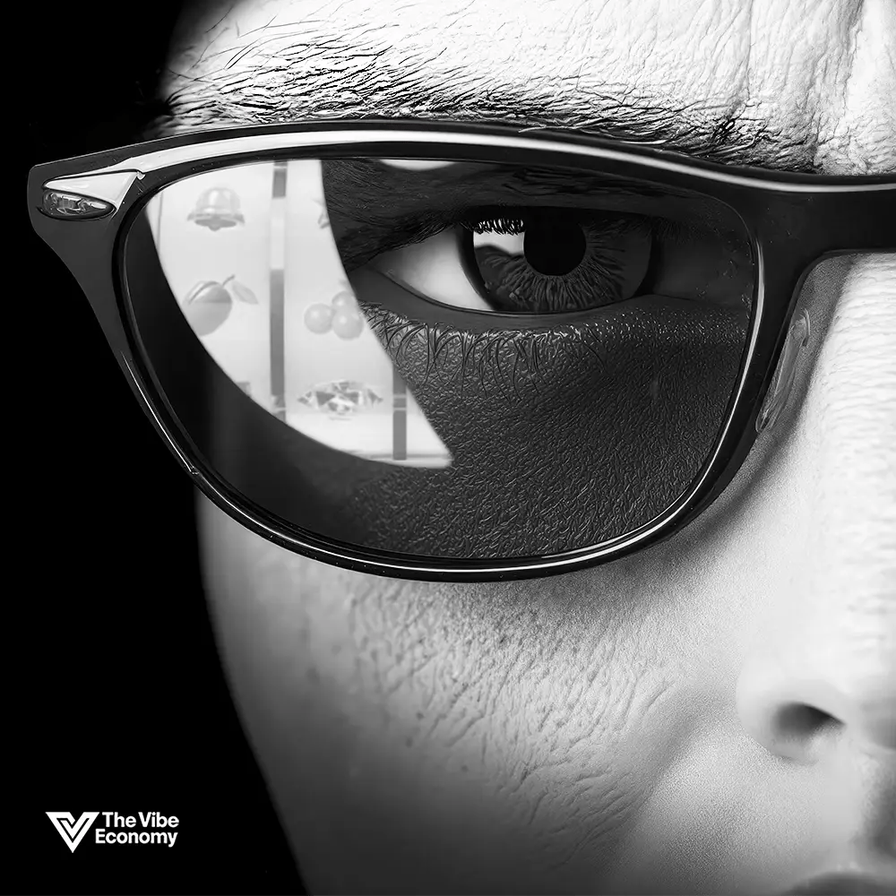The Vibe Economy - Emotional eye reflecting gaming and betting in glasses, black and white image